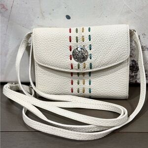 Brighton White Leather Crossbody Wallet with Multicolor Stitch Detail